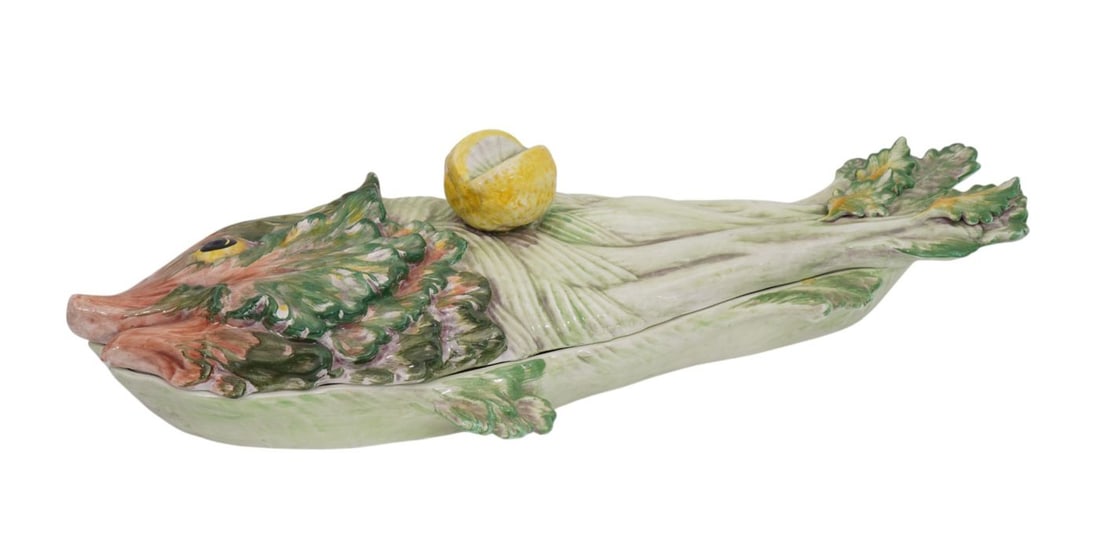 Ceramic Italian Covered Serving Piece in Fish Form with Lemon on Top, 23"w x 9"d (1 of 6)