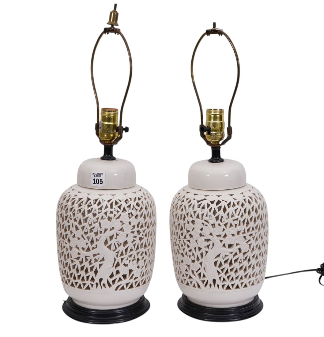 Pr. Pierced Blanc de Chine Oriental Porcelain Lamps, 22"h x 8"d (1 of 7)