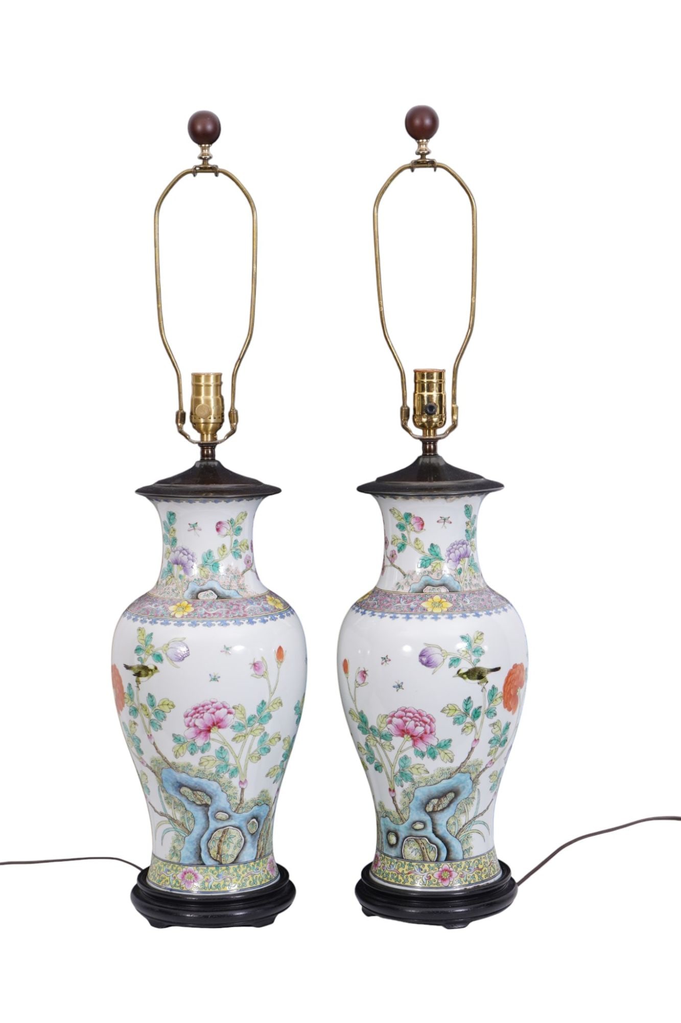 Pr. Chinese Porcelain Lamps with Fauna & Fowl Motif, 32"h x 8 1/2"d: Pr. Chinese Porcelain Lamps with Fauna & Fowl Motif, 32"h x 8 1/2"d