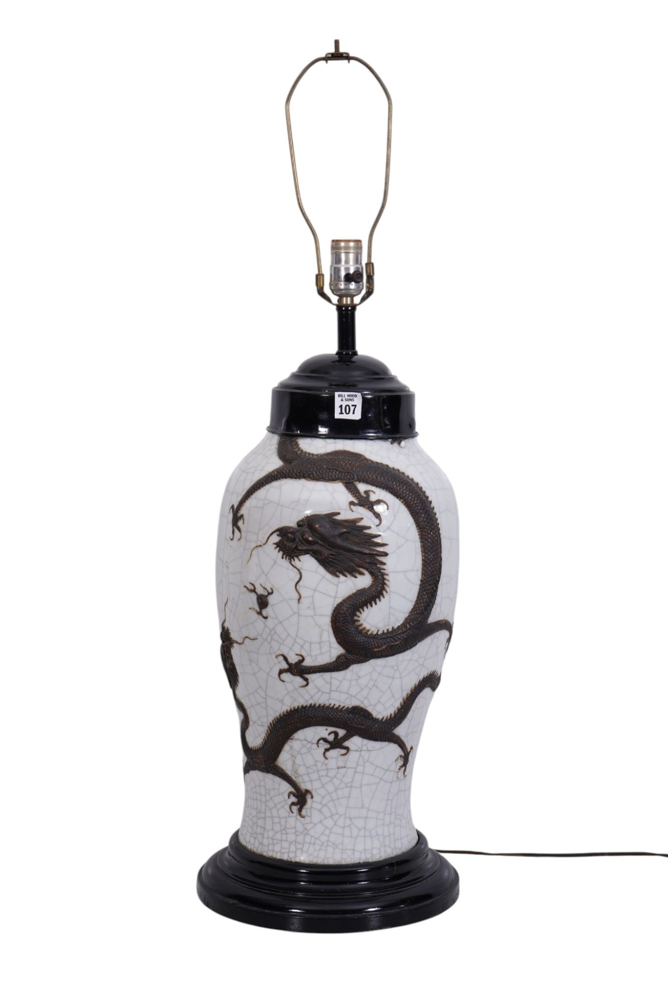 Oversized Chinese Porcelain Lamp with Craquelure & Raised Dragon, 34"h x 12"d (1 of 10)