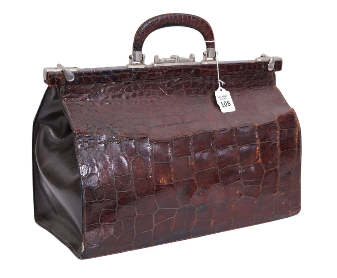 Vintage/Antique Alligator Doctor bag, 11" high x 16.5" wide x 8" deep: Vintage/Antique Alligator Doctor bag, 11" high x 16.5" wide x 8" deep