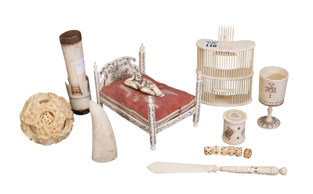 Group of antique carved small objects d' art, Bed with relining man netsuke, cricket cage, Dice (1 of 19)