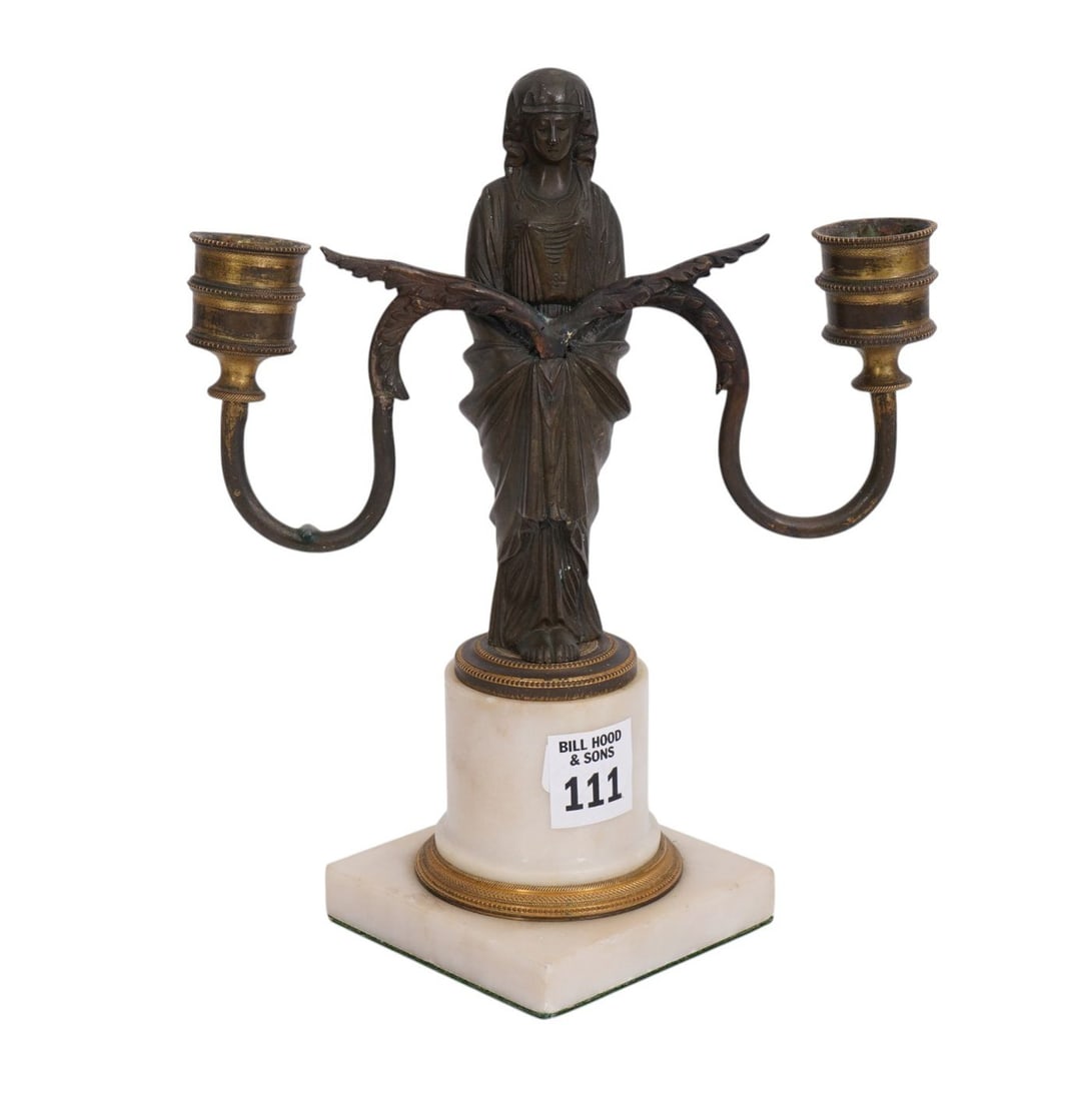19th Cent. Egyptian Revival Bronze Figural candle holder on marble base. 9" high x 7.5" wide x 3.5" (1 of 7)