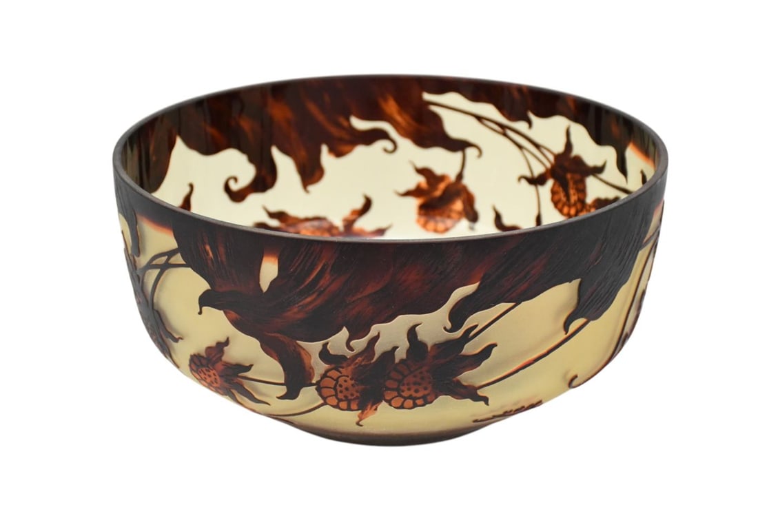 Galle Style Art Glass Bowl with Floral Design, 5"h x 11 1/2"w (1 of 6)