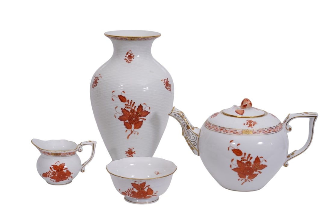 4 Pc. Herend Tablewares, Chinese Rust Bouquet Pattern, Vase (9"h x 6"w), Teapot, Sugar and Creamer (1 of 9)