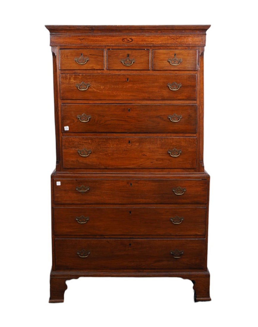 2 Pc. English Chest on Chest, 18th c. Inlay Design Along Cornice Over 3 Side by Side Drawers Over 3 (1 of 15)