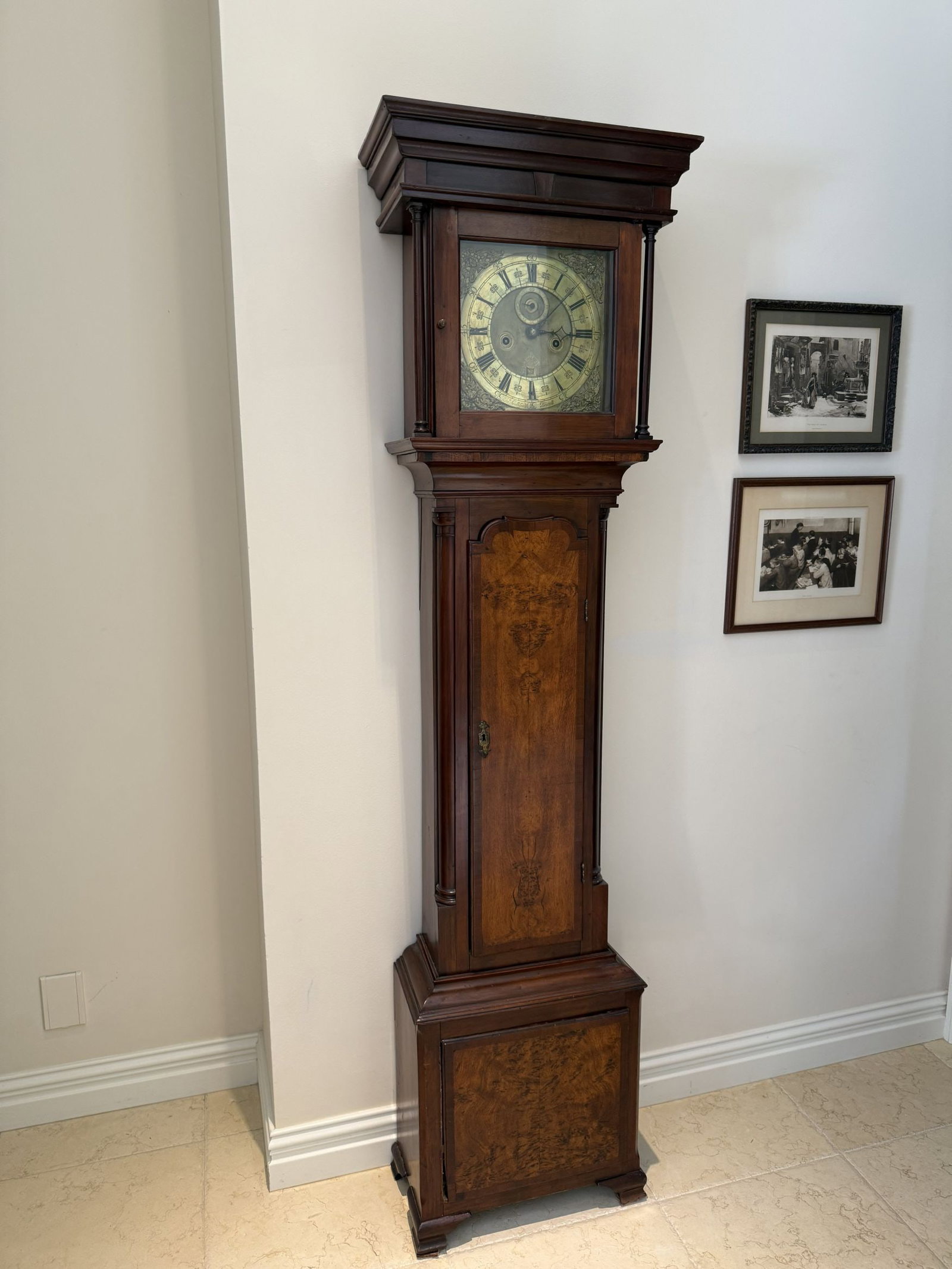 Antique English Tall Case Clock, Figural Mahogany, Stepped Cornice Hood with Brass Face Marked (1 of 6)