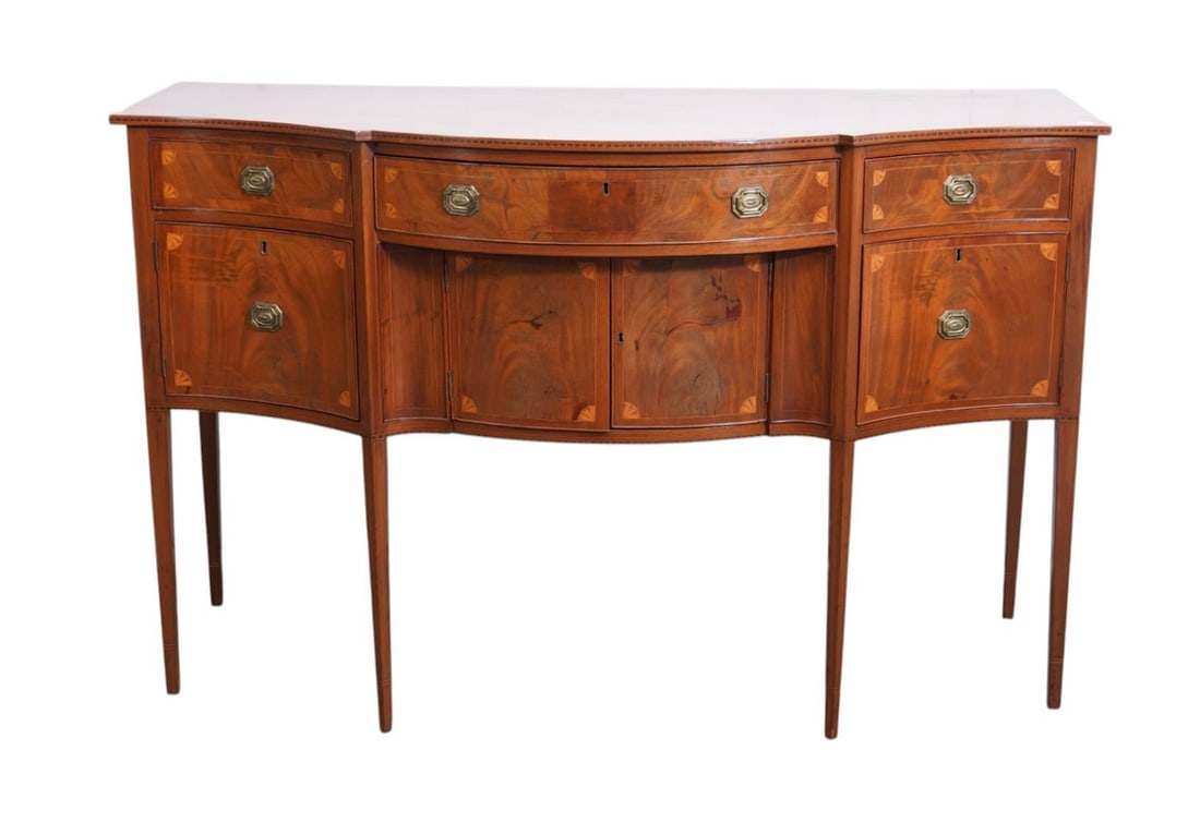 Period Federal Mahogany Sideboard with Quarter Fan Inlays, Serpentine Form with Cabinet Doors & (1 of 14)
