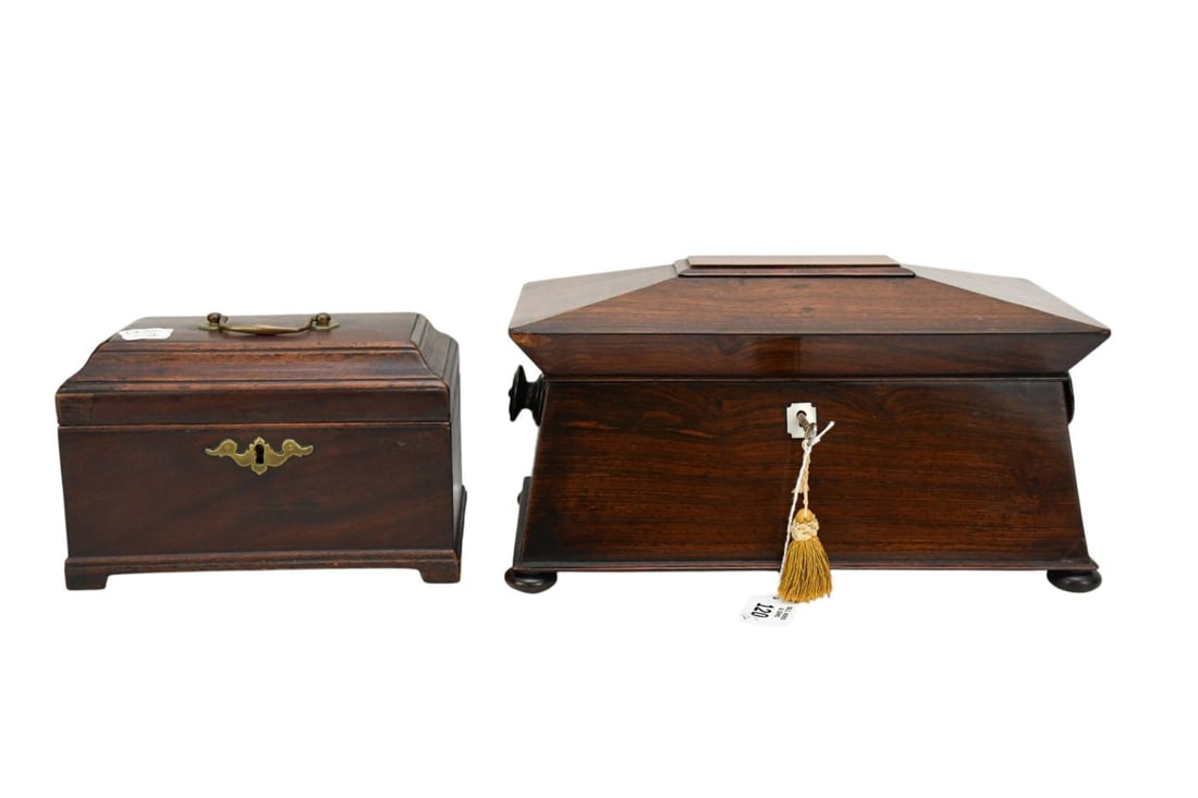 2 English Mahogany 19th c. Boxes, One with Unusual Shape, Interior Divided Tray Above Storage Space (1 of 12)