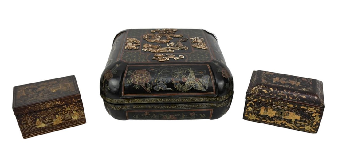3 Lacquered Chinese Boxes, Largest is Painted with Applied Dragon & Bird Design, One Tin Lined (1 of 8)