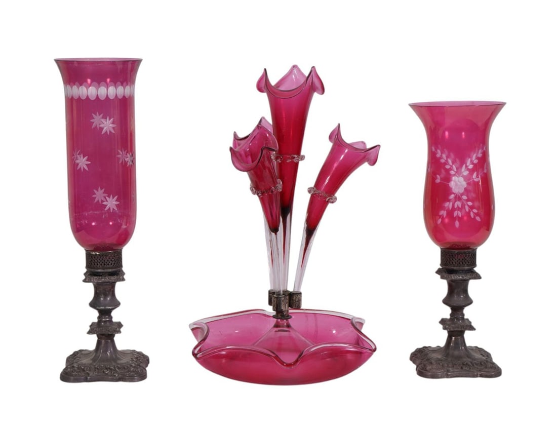 3 Pc. Victorian Cranberry Glass Tablewares, 2 Hurricane Shades on Silverplate Candlesticks & (1 of 13)
