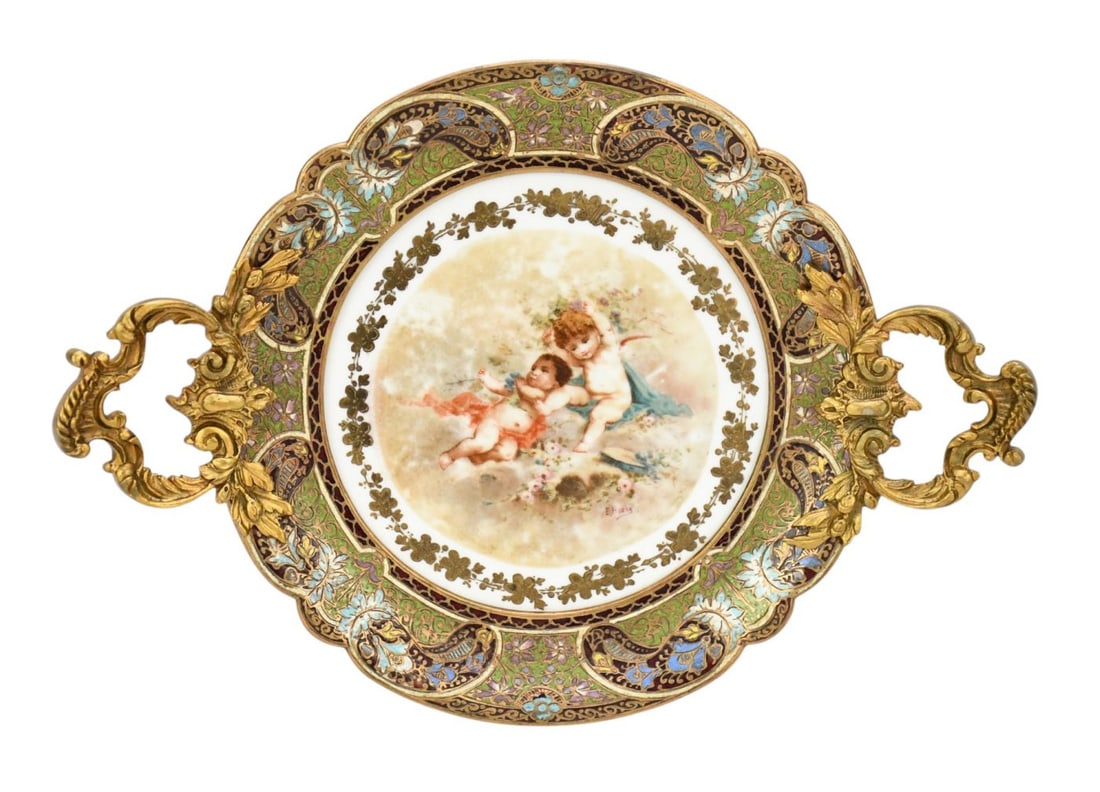 Royal Vienna 19th c. Painted Angel Framed Plate, Enamel Rim with Ornate Bronze Mounts, 2 1/2"h x (1 of 6)