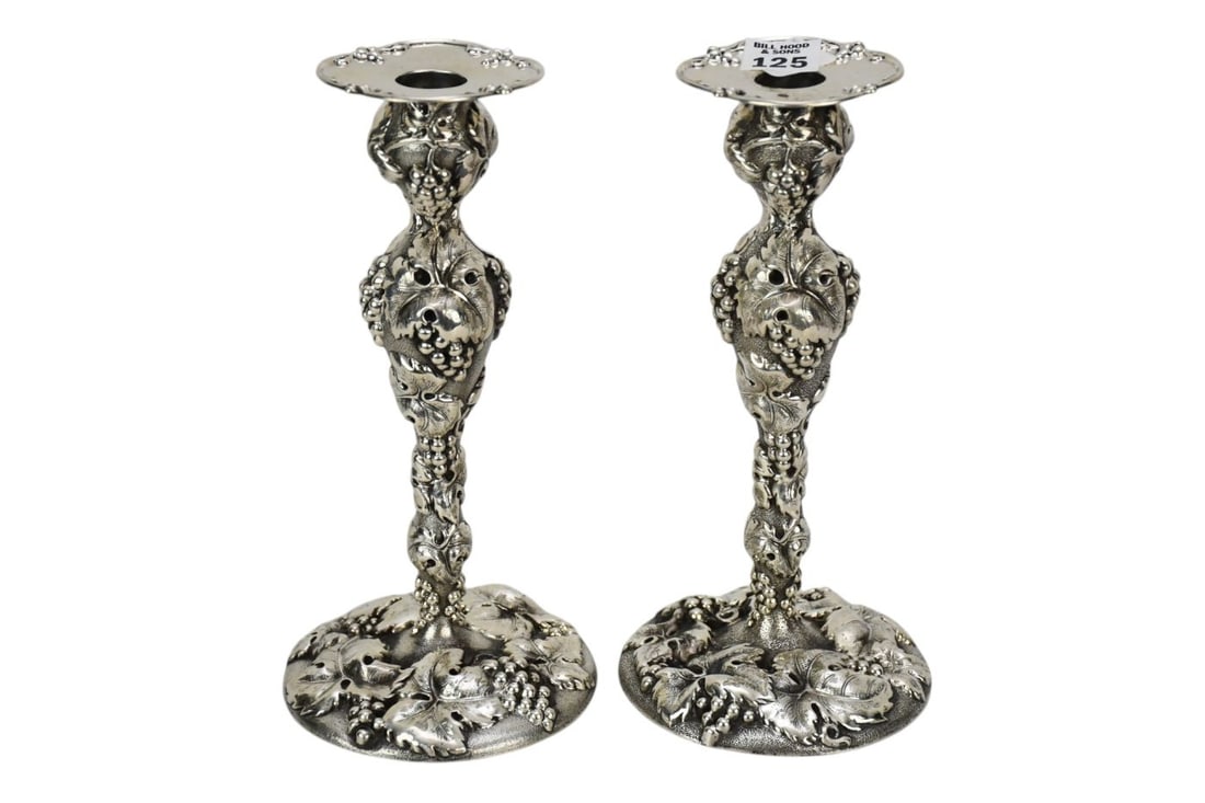 Pair Sterling Weighted Candlesticks in Grapevine Motif, 9 1/2"h x 4 1/2"w (1 of 8)