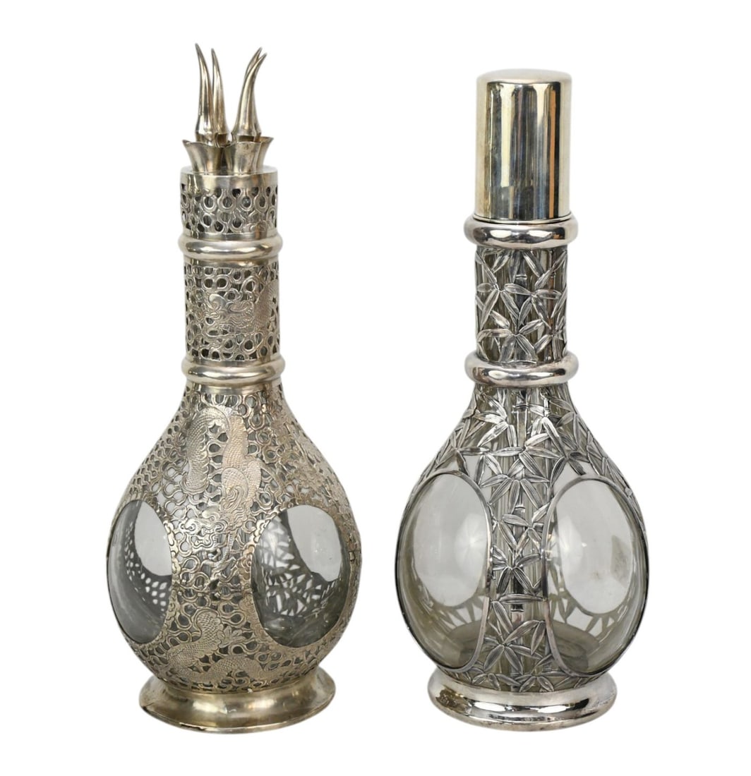 2 Antique Sterling Overlay Decanters with 4 Chambers Each, One Made in France Bottle, Each Approx. (1 of 12)