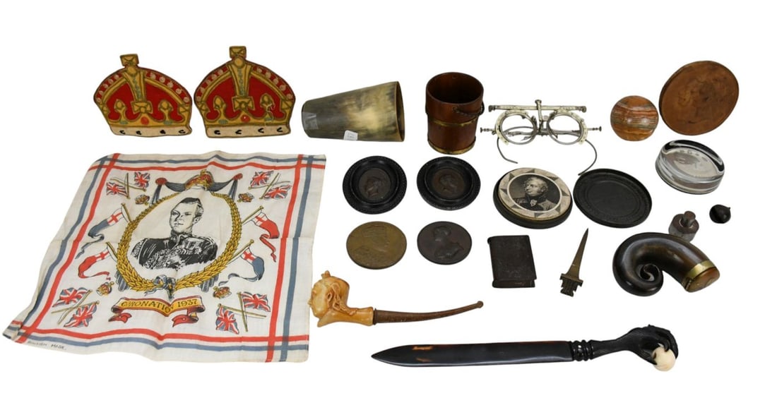 Collection of English Monarchy & Objects d' Art, Gutta Percha Embossed Match Case with Henry VII,: Collection of English Monarchy & Objects d' Art, Gutta Percha Embossed Match Case with Henry VII, Miniature Maple Syrup Bucket, Etched Derby VT., Sterling Silver Encased Medallion/Disc, 1952-2002 (2 5