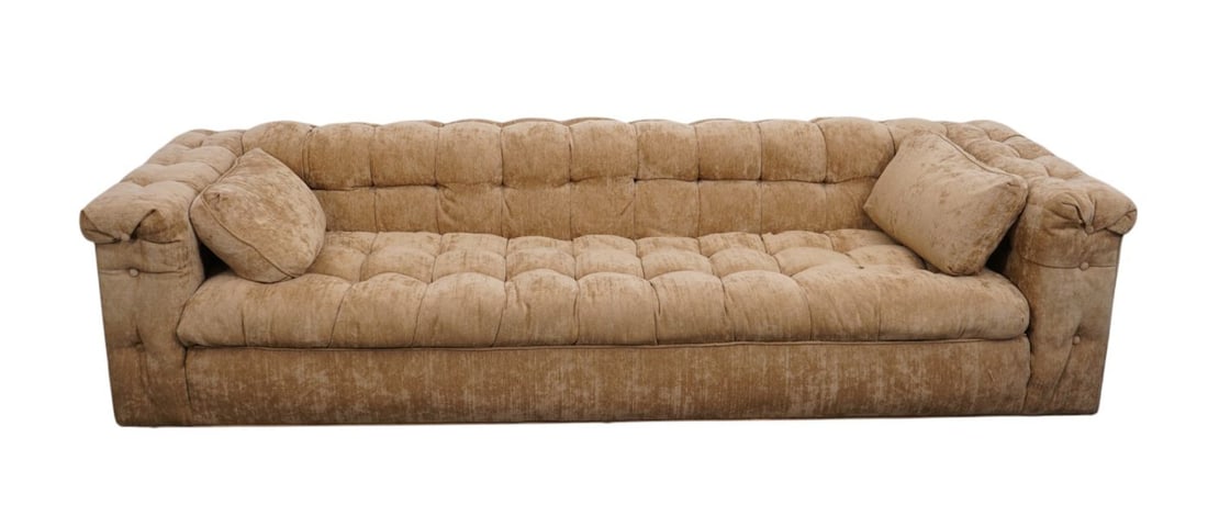 Vintage Chesterfield brown fabric Sofa, 8'5"w x 24"d ***If this item is not picked up by the Friday: Vintage Chesterfield brown fabric Sofa, 8'5"w x 24"d***If this item is not picked up by the Friday following the auction, it will be moved to offsite storage and pickup will be by appointment only, wi