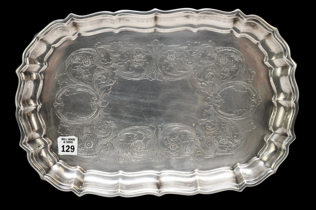 Antique Sterling Serving Tray with Chased Floral & Fauna Design with Chippendale Style Rim, 26 ozt, (1 of 5)
