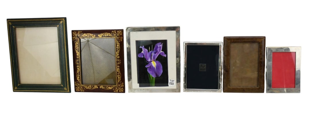 Lot of 6 Picture Frames, 2 sterling, One Marked Pewter and 3 Leather (Largest Leather 10 1/2" x 12 (1 of 5)
