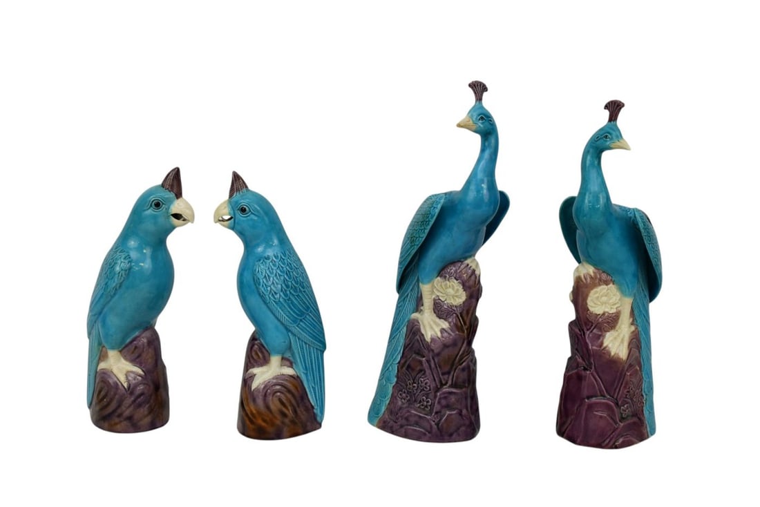 Chinese Porcelain Turquoise Birds, 2 Pair on Purple Rock Form Bases, Tallest 10"hx 4"w (1 of 7)