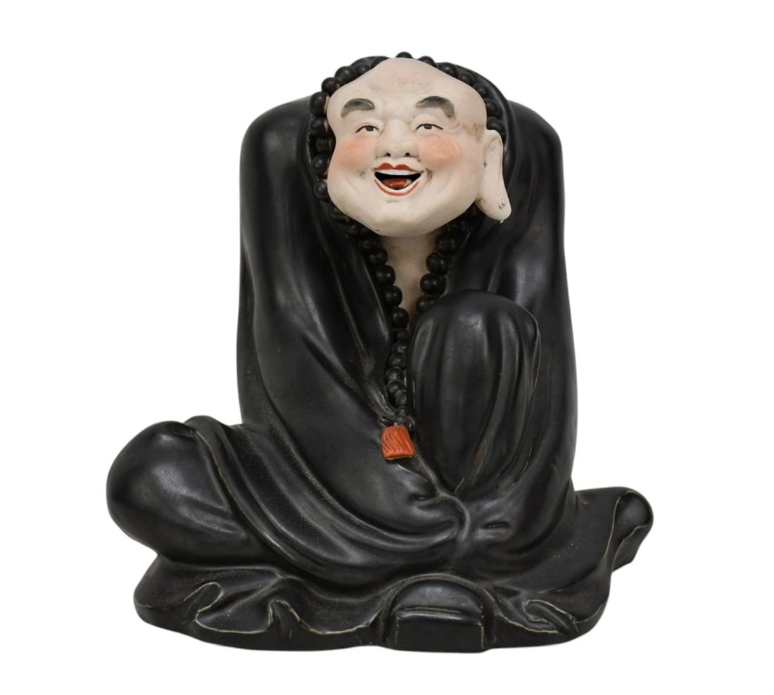 Chinese Pottery Seated Smiling Jolly Buddha in Black Robe, 9"h x 9"w (1 of 6)