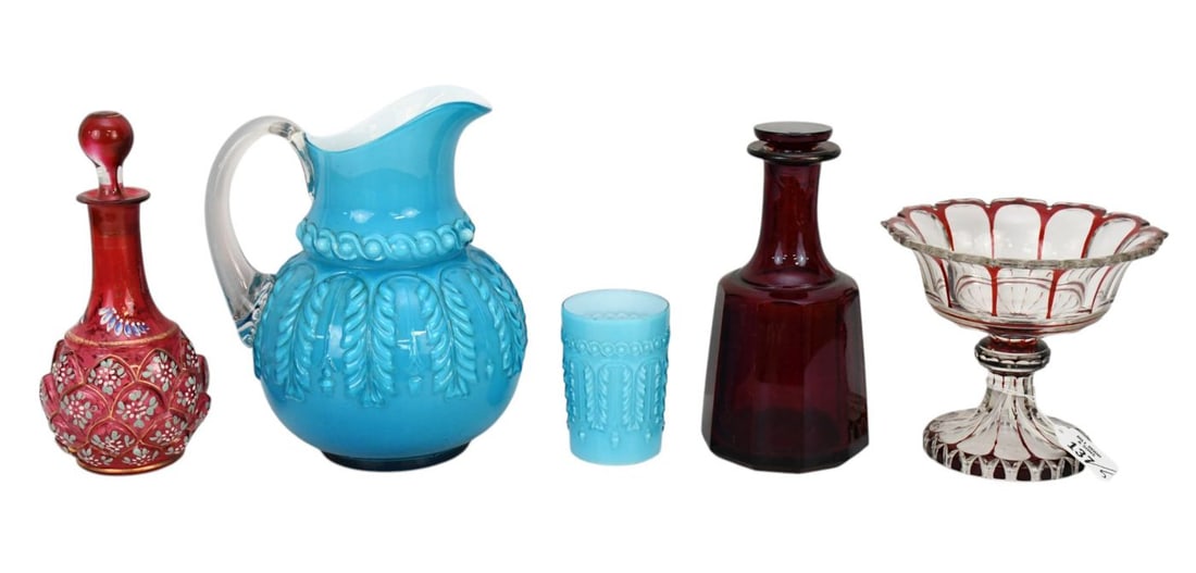 5 Glass 19th c. Tablewares, Ruby Glass Decanter, Cranberry Glass Decanter with Enameling, 1 Compote, (1 of 4)