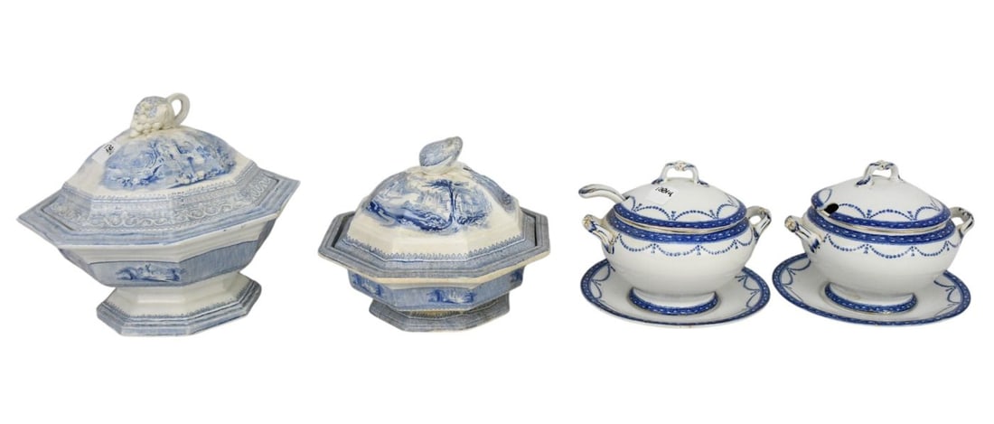 4 Blue & White Antique Tablewares, 2 Ironstone Tureens with Landscape Design, 2 Smaller Ceramic Blue (1 of 11)