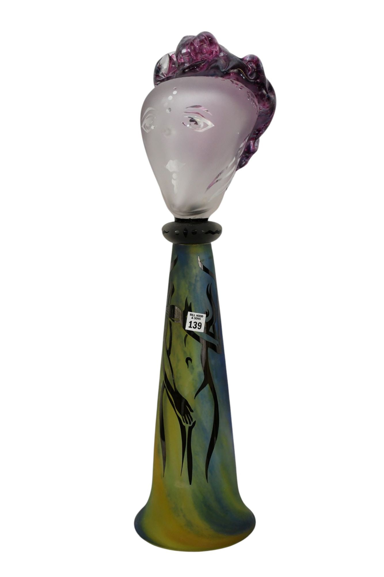 Studio Art Glass Female Head Sculpture on Pedestal, Frosted & Etched Colored Glass, Illegibly (1 of 6)