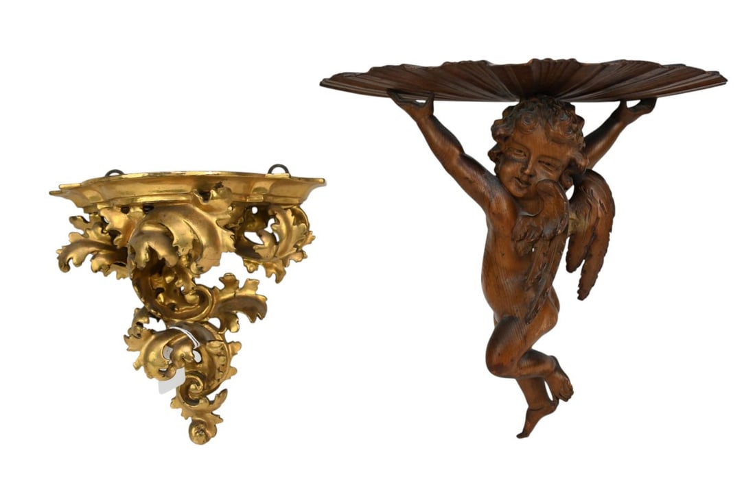 2 Vintage Wall Brackets, Angel Holding Fan Shape Shelf (14"h x 13"w) And Gilded Carved Rococo Style (1 of 9)