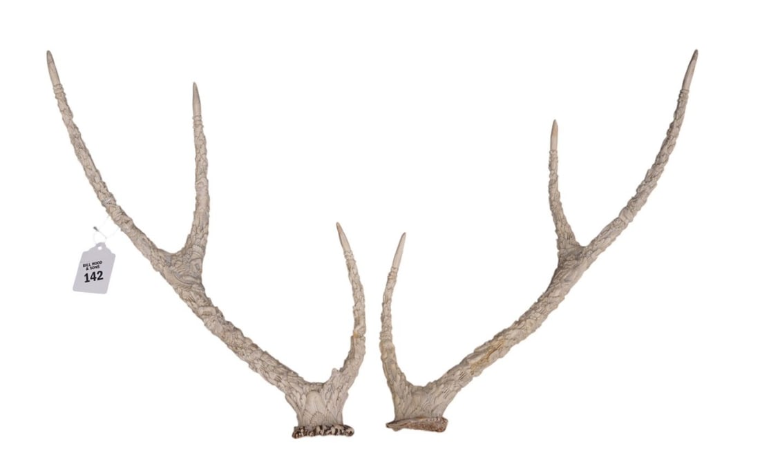 2 Intricately Carved 3 Point Antlers With Indonesian Motif, 17"h (1 of 11)