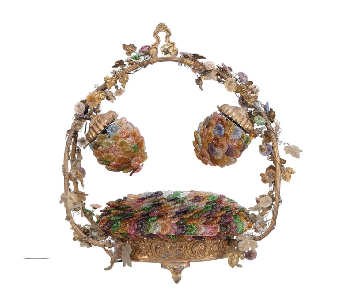 Vintage Multi Color Glass Double Light Basket Lamp with Brass Mounts, 21"H X 19"W: Vintage Multi Color Glass Double Light Basket Lamp with Brass Mounts, 21"H X 19"W
