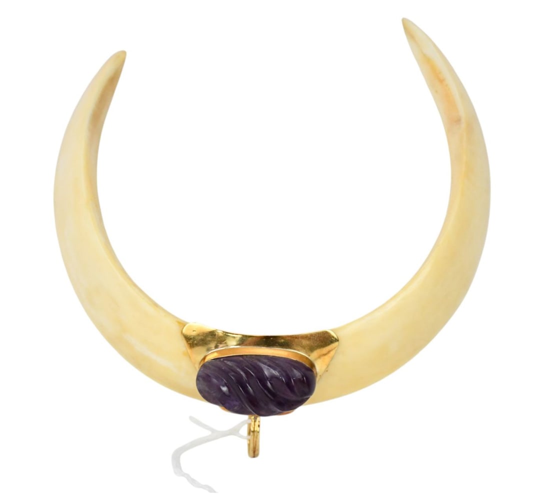 Cartier "One of a Kind" 18K Double Boar's Teeth & Amethyst Neck Ring Pendant. Signed: Cartier "One of a Kind" 18K Double Boar's Teeth & Amethyst Neck Ring Pendant. signed Cartier & 18k on back and serial number. see pics and paperwork. Paperwork from Cartier NY. Cannot be reproduced. 4