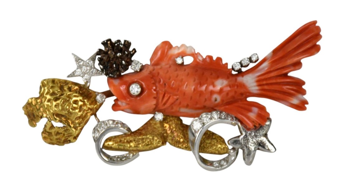 14K Yellow Gold & Platinum Coral Diamond Fish Brooch. 3" x 1.5" wt. 24.4 grams *Payment Must Fully: 14K Yellow Gold & Platinum Coral Diamond Fish Brooch. 3" x 1.5" wt. 24.4 grams*Payment Must Fully Clear Before Item Will Be Released*