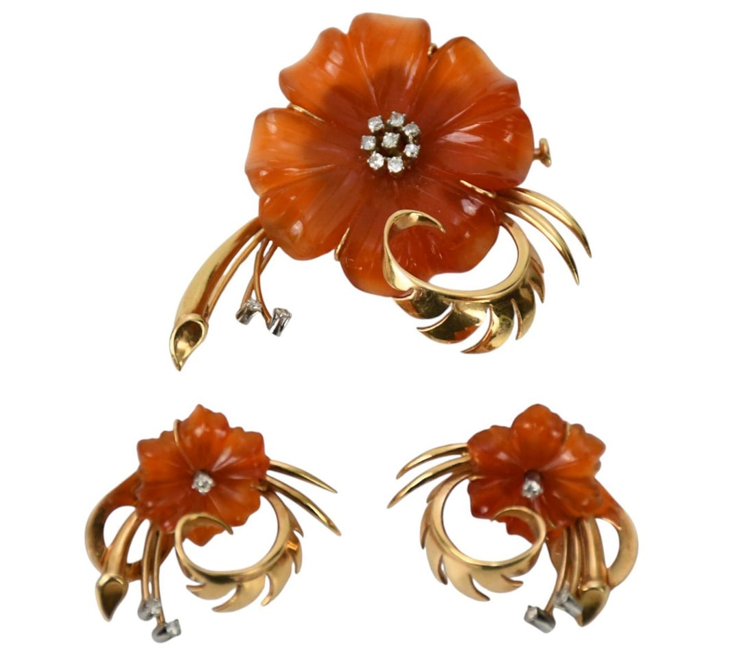 14k Yellow Gold Carnelian Diamond Accents Brooch and Matching Earrings. Wt. 28.4 grams. Brooch (1 of 4)