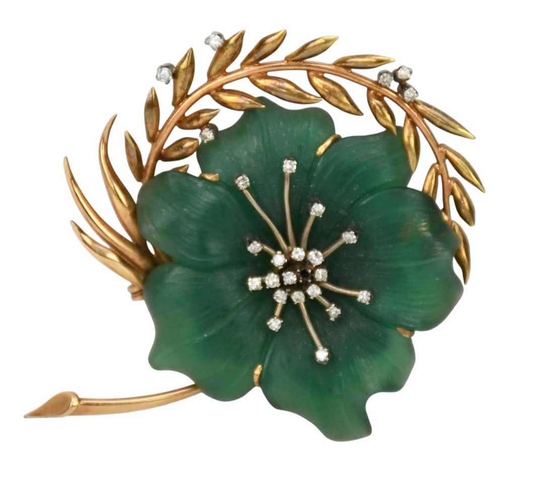 14K Yellow Gold carved Dyed Green Chalcedony Diamond accent Brooch. Circa 1940, wt. 28.5 grams 3" x (1 of 2)