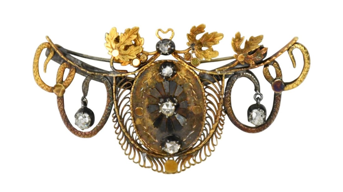 Victorian 10k - 14K Diamond Brooch. 6 mine cut diamonds .10 - .33 SI1 G-H 2.75" x 1.45" wt. 16.2 (1 of 2)