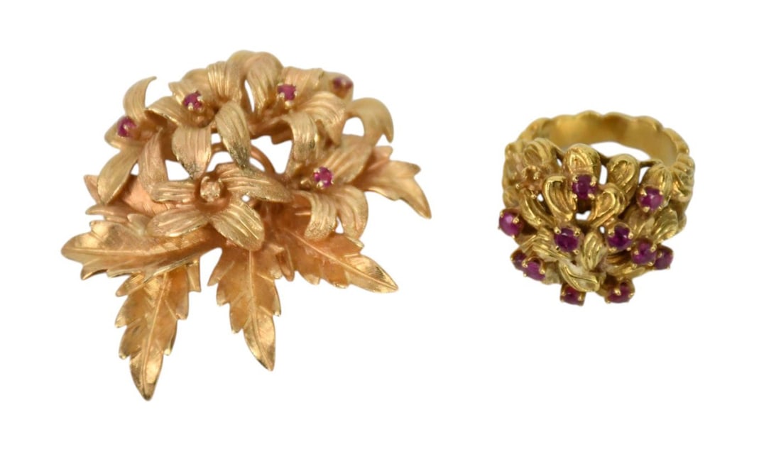14K - 18K Yellow Gold Ruby Ring & Brooch. 18K Yellow Gold Ring size 4.5 wt. 13.7 grams and a 14K (1 of 6)