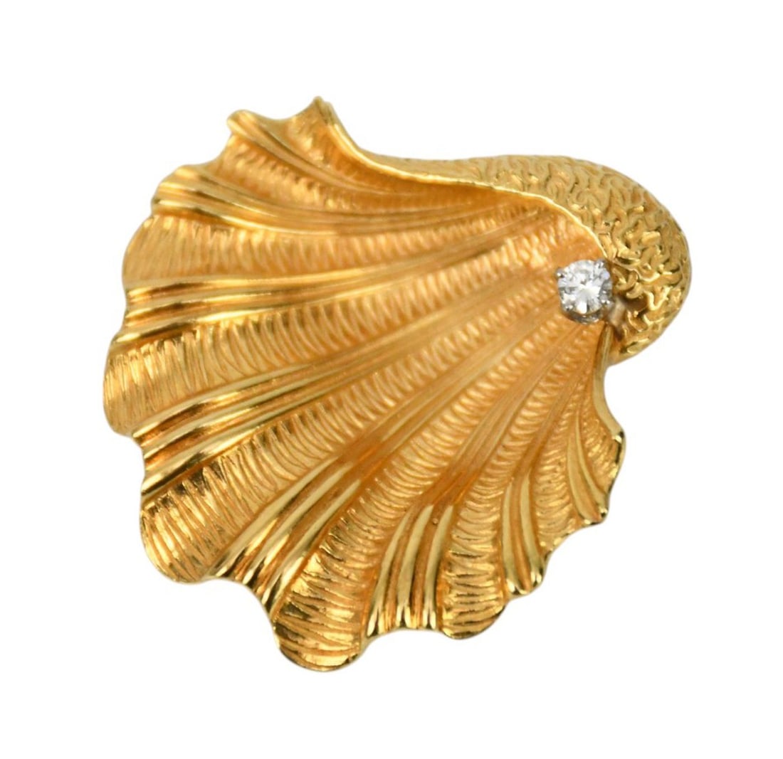 18K Yellow Gold Shell Motif Diamond Brooch. 1.5" wt. 17 grams *Payment Must Fully Clear Before Item (1 of 5)
