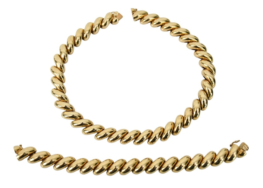 14K Yellow Gold Matching Necklace & Bracelet. Macaroni style bracelet 7.5" Necklace 15.25" wt. 138.2 (1 of 5)