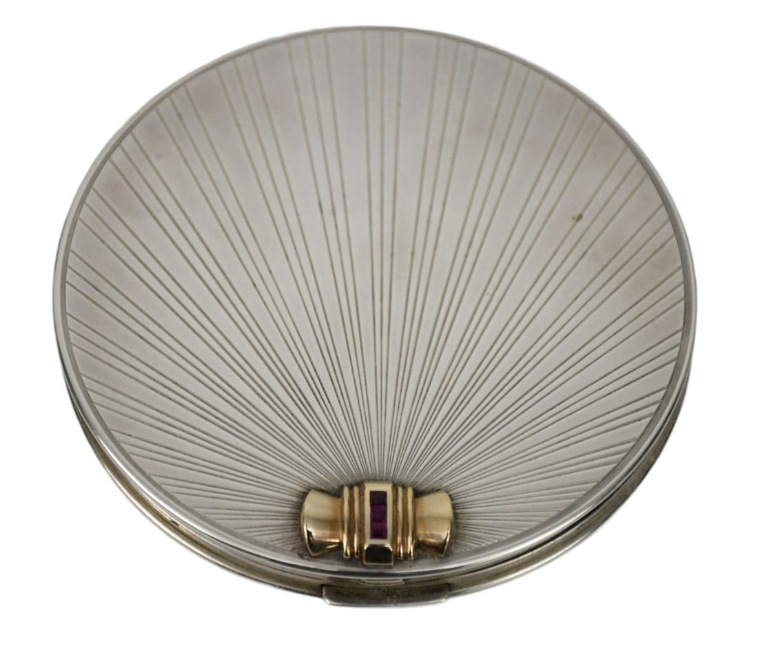 Art Deco Tiffany & Co. Compact Case in Sterling Silver and 14K Yellow Gold with Rubies. Size 3.25" (1 of 7)