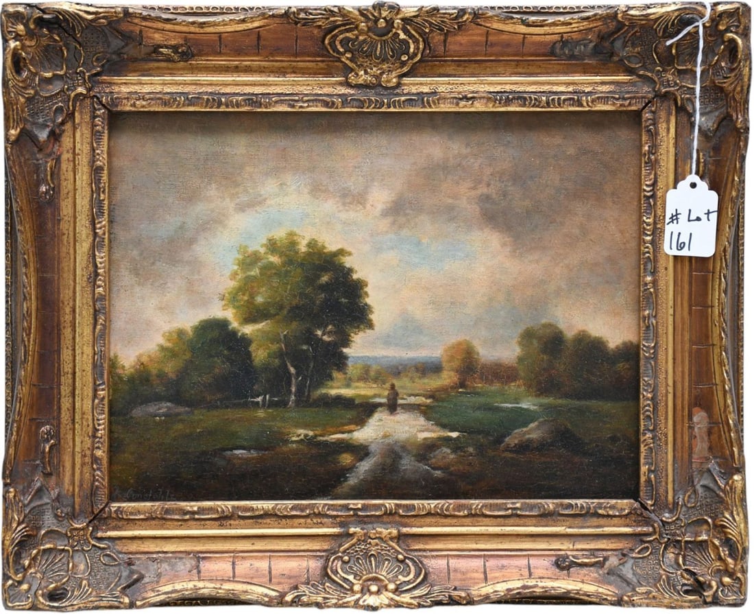 Attributed to: John Constable (BRITISH, 1776?1837) oil on canvas, small landscape painting signed: Attributed to: John Constable (BRITISH, 1776?1837) oil on canvas, small landscape painting signed constable lower right, painting 9 x 12 inches overall framed size is 13 x 16 inches.