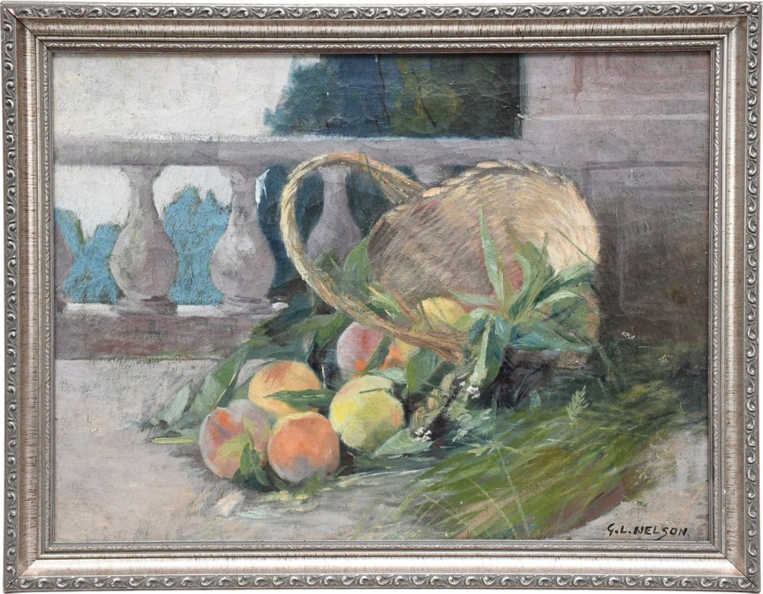 George Laurence Nelson (American 1887-1978) oil on canvas, Still Life on Balcony, painting 18 x 24: George Laurence Nelson (American 1887-1978) oil on canvas, Still Life on Balcony, painting 18 x 24 inches. Overall framed size 21 x 27 inches.