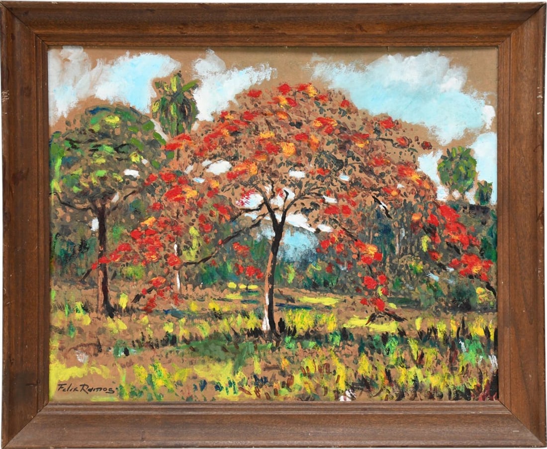 Felix Ramos (Cuba,FL,1919-1993) oil painting Royal Poinciana tree. Painting 16 x 20 inches. Overall (1 of 6)