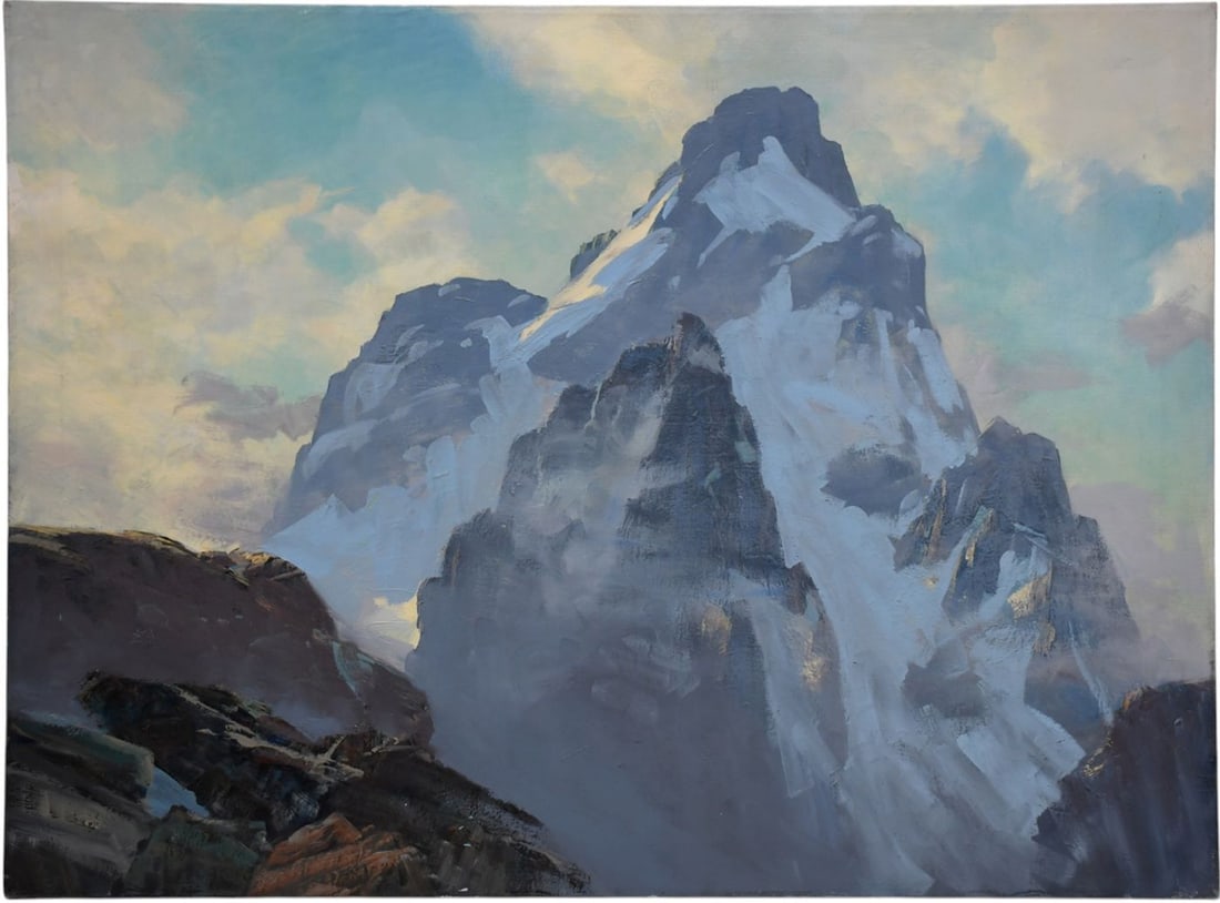 Leland Curtis (American, 1897-1989) oil on canvas, Grand Tetons Mountain Scene, 28 x 38 inches,: Leland Curtis (American, 1897-1989) oil on canvas, Grand Tetons Mountain Scene, 28 x 38 inches, stretcher stamped titled -Grand Tetons, Wyoming. Provenance: The artist by descent to a private Californ