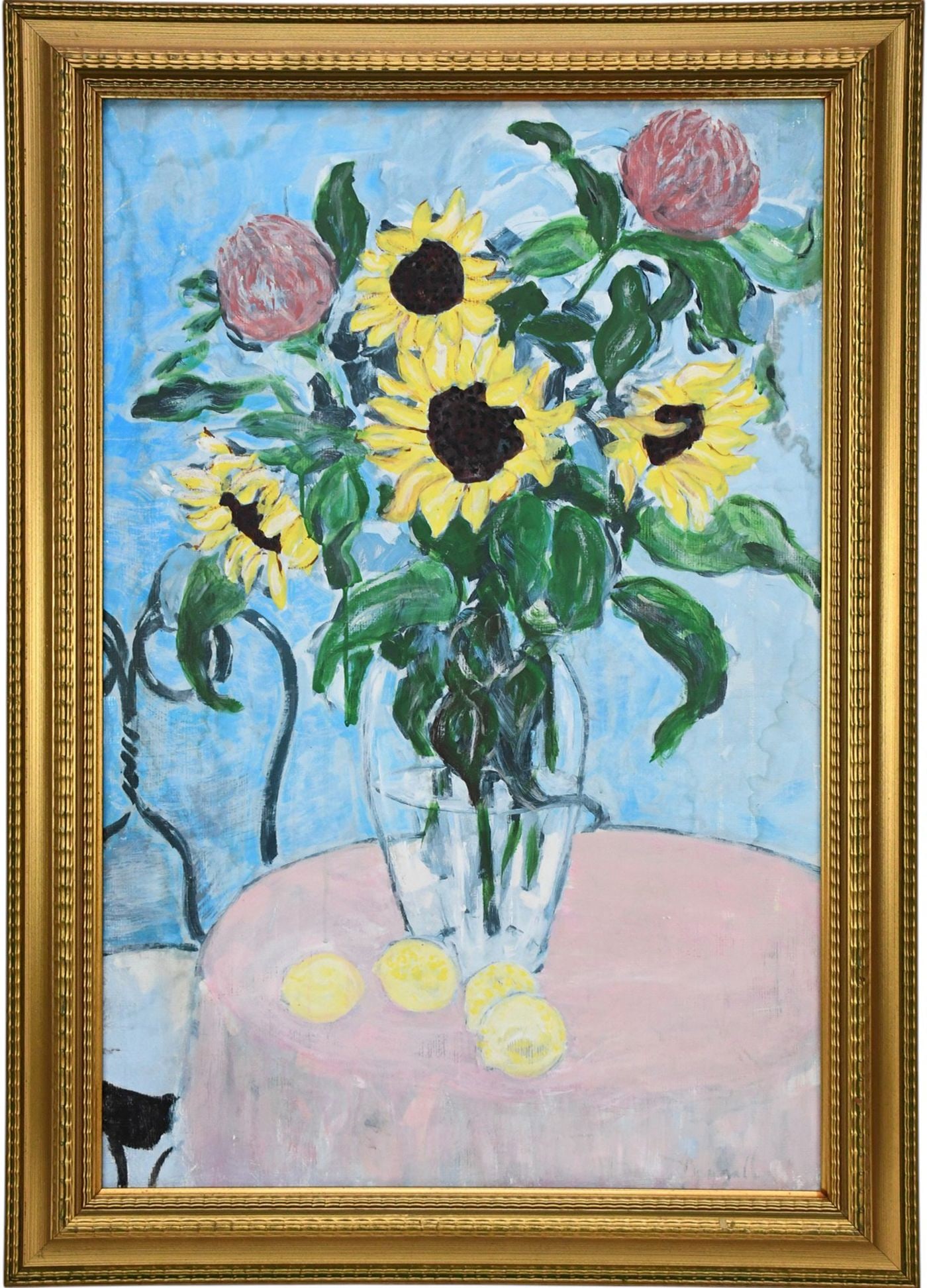Jae Dougall (Canadian b. 1956-) oil on canvas, Sunflowers. 36 x 24 inches. Signed. Overall framed: Jae Dougall (Canadian b. 1956-) oil on canvas, Sunflowers. 36 x 24 inches. Signed. Overall framed size 41 x 30 inches.