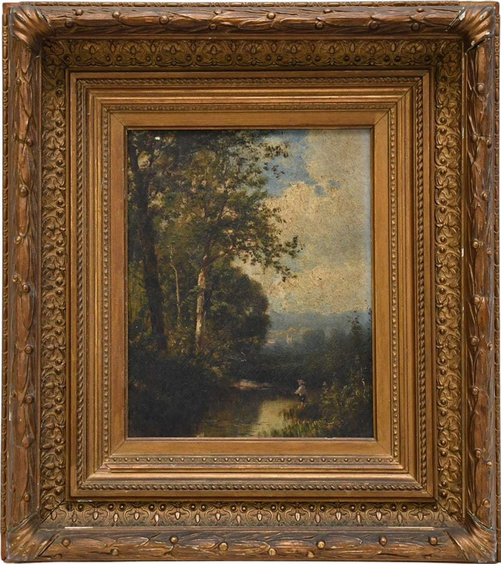 19th Century English school oil on artist board, 10 x 8 inches. Landscape with boy fishing, antique (1 of 6)