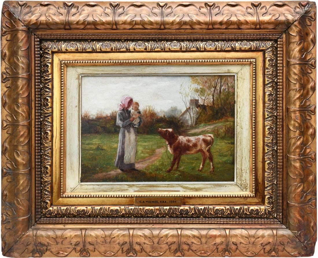 George Augustus Holmes (British 1852-1911) painting depicts a rural farm scene with a mother: George Augustus Holmes (British 1852-1911) painting depicts a rural farm scene with a mother holding baby interacting with a cow 27 x 22 and without frame 13 1/2 x 9 1/2