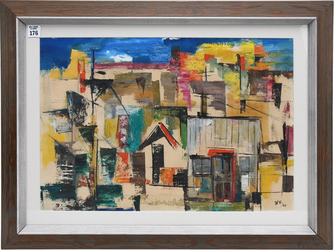 MCM Abstract Cityscape signed WH '60. Watercolor/Gouache, painting 15 x 21 sight. Framed under glass: MCM Abstract Cityscape signed WH '60. Watercolor/Gouache, painting 15 x 21 sight. Framed under glass overall size 21-3/4 x 27-1/2 inches.