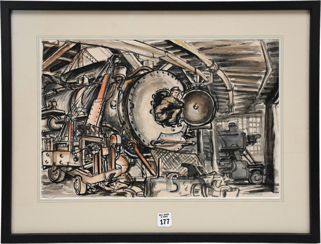 Philip Reisman (American, 1904-1992) Watercolor- Industrial Scene, Locomotive Repair. Image size 12: Philip Reisman (American, 1904-1992) Watercolor- Industrial Scene, Locomotive Repair. Image size 12 x 17-1/4 inches. Overall framed size 18 x 23 inches