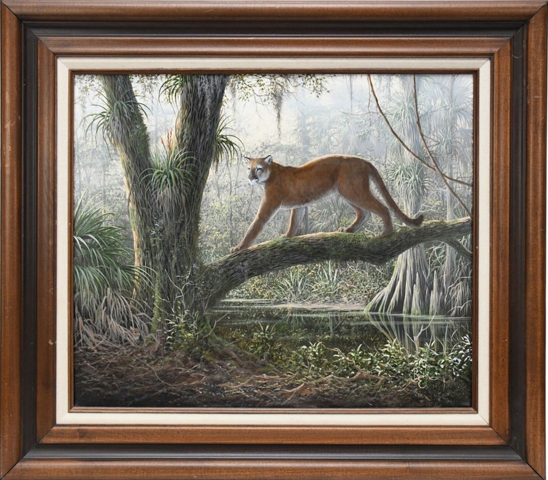 Ben Essenberg (American, 1947) oil on canvas, Florida Artist, Backcountry Panther Scene, signed by: Ben Essenberg (American, 1947) oil on canvas, Florida Artist, Backcountry Panther Scene, signed by artist on front and also signed on stretcher and "Alicias Panther". Canvas 20 x 24 inches. Overall fr