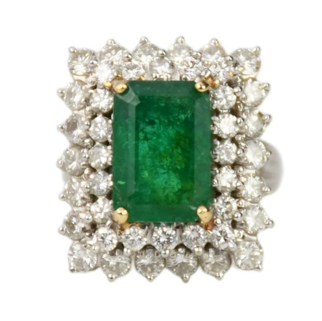 14K white Gold ladies Emerald Diamond Cocktail Ring. Emerald 3.29 cts type III - I2 deep green.: 14K white Gold ladies Emerald Diamond Cocktail Ring. Emerald 3.29 cts type III - I2 deep green. Surrounded by 62 diamonds .03 - .05 each approx. 2.70 cts SI2 H-I*Payment Must Fully Clear Before Item W